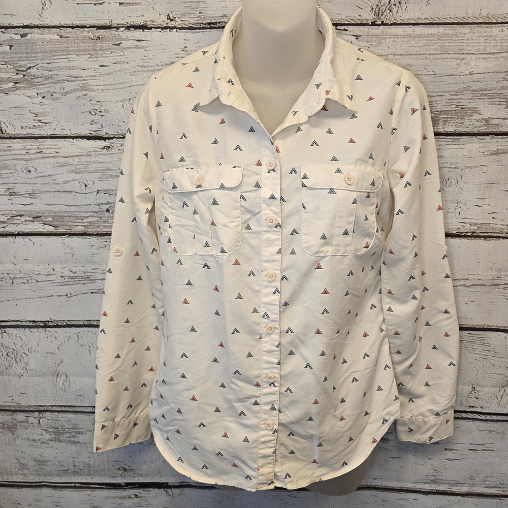 Eddie Bauer Travex Shirt Womens XS Roll Up Long Sleeve Monogram Tent Button Up